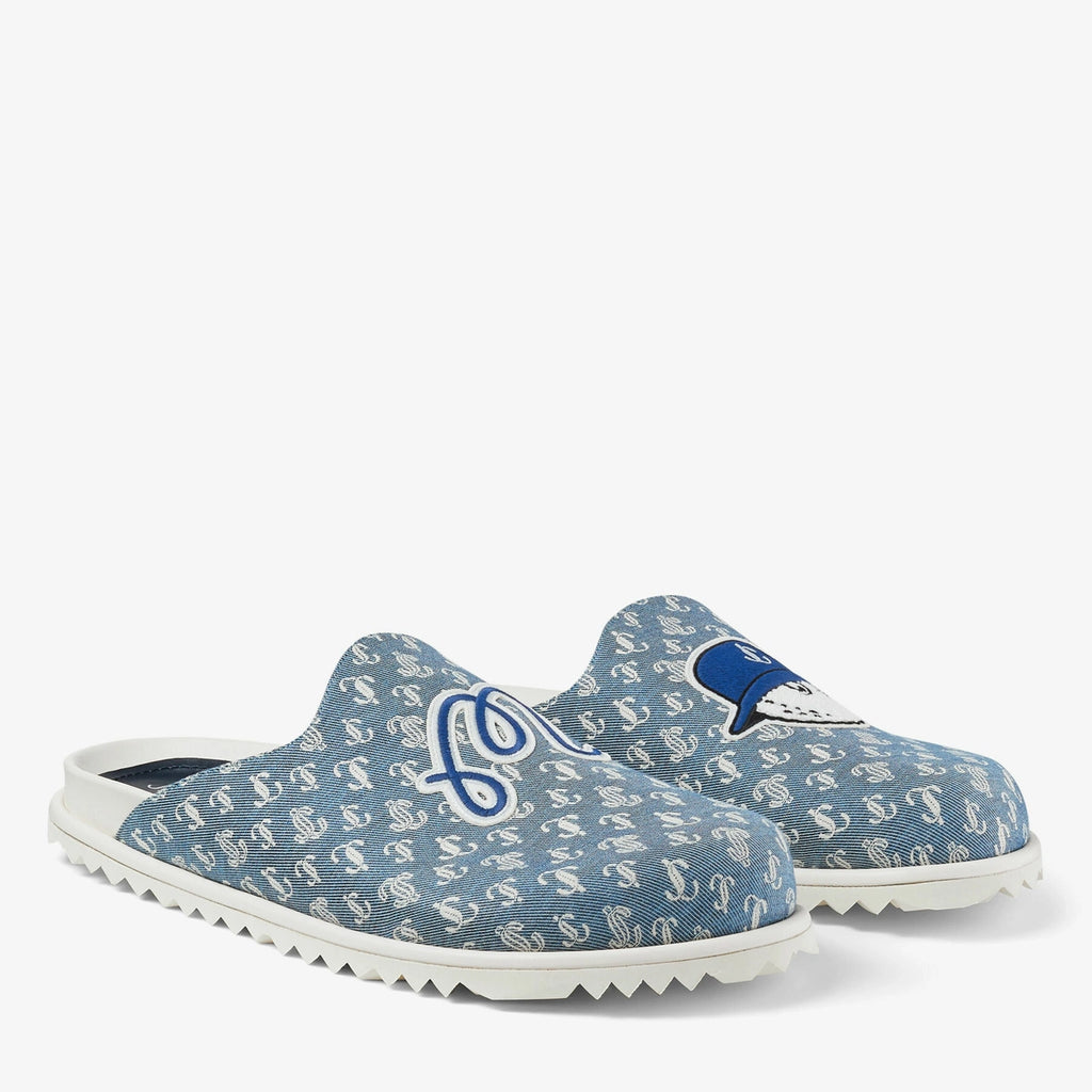 Jimmy Choo Malbon Monogram Mule in denim, men's stylish slip-on shoes with monogram pattern and sleek design.