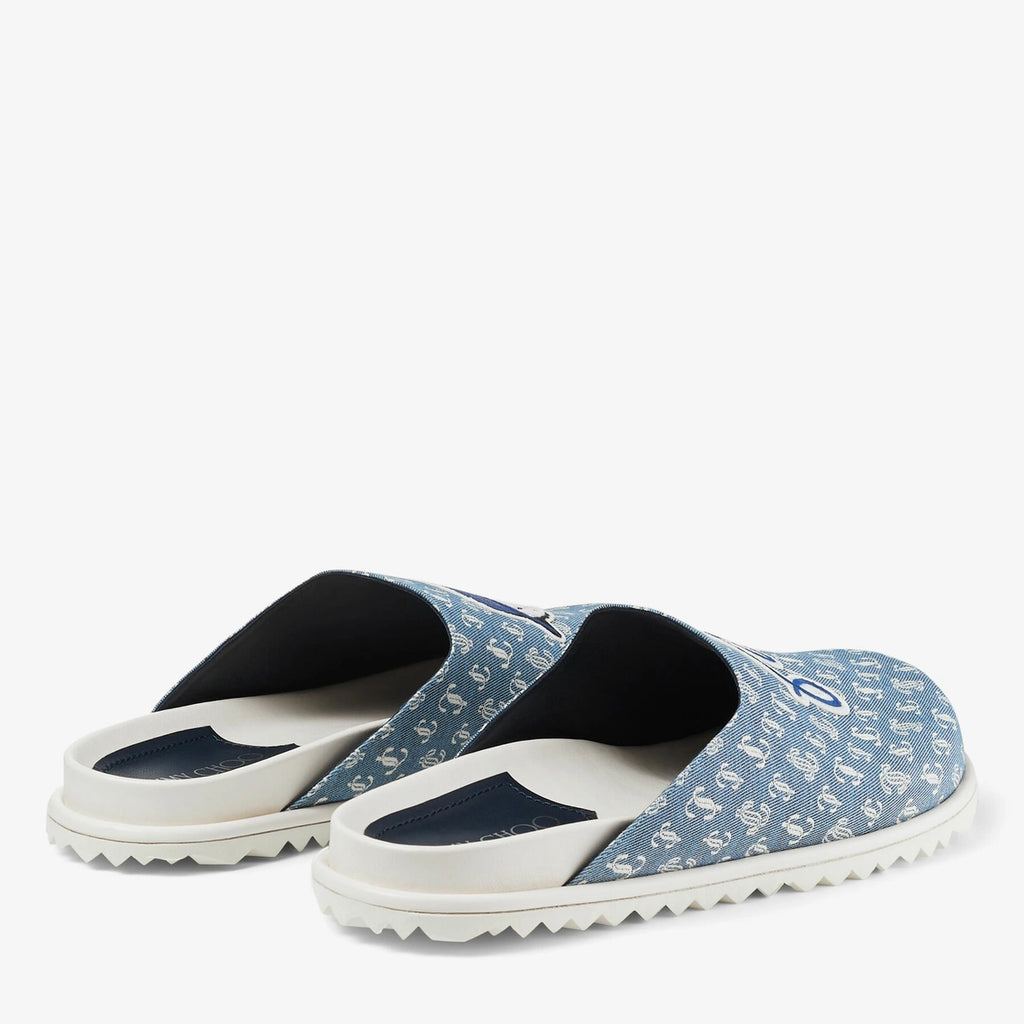 Jimmy Choo Malbon Monogram Mule in denim, men's shoes with sleek design and back view showcasing stylish heel and monogram details.