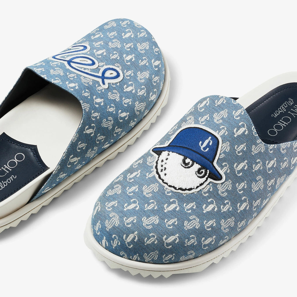 Jimmy Choo Malbon Monogram Mule in denim, men's stylish slip-on shoes with monogram detail and sleek design.