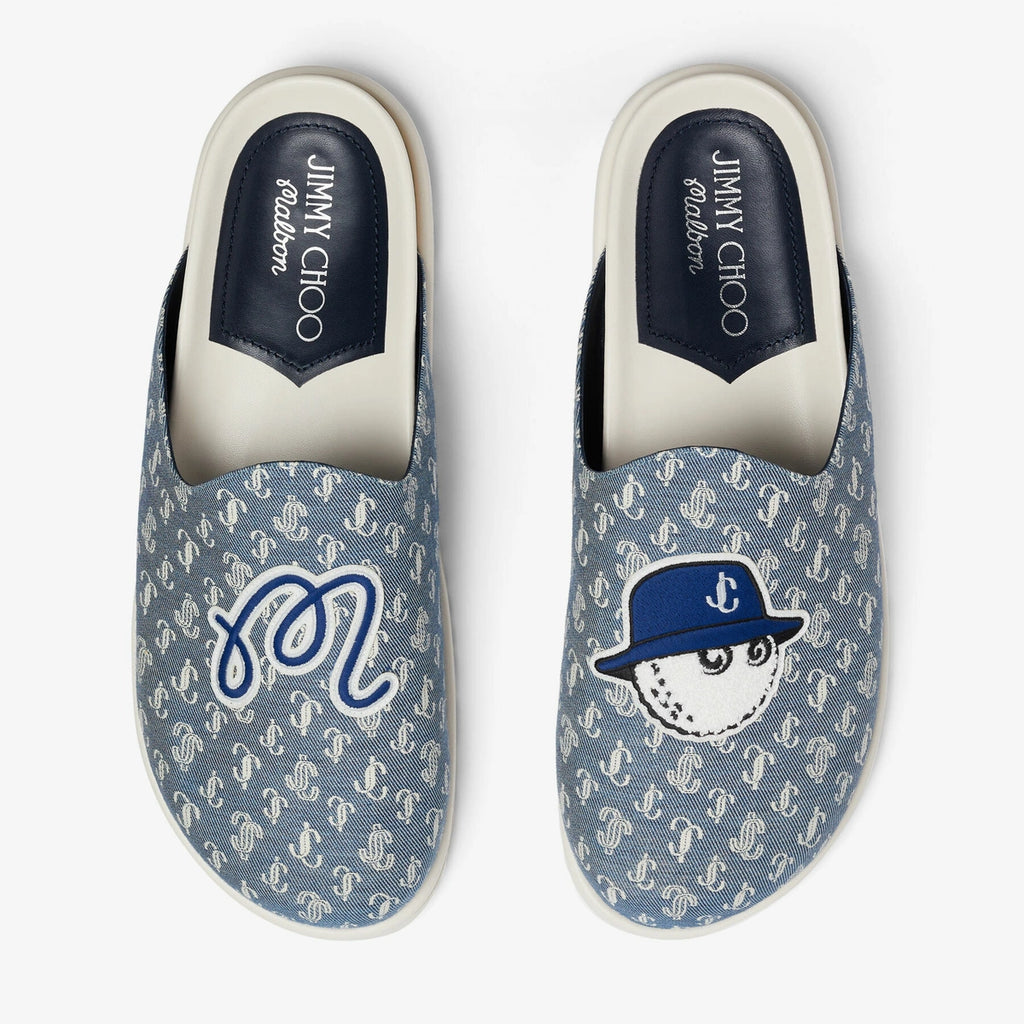 Jimmy Choo Malbon Monogram Mule in denim, men's slip-on shoes with stylish monogram design and casual denim material.