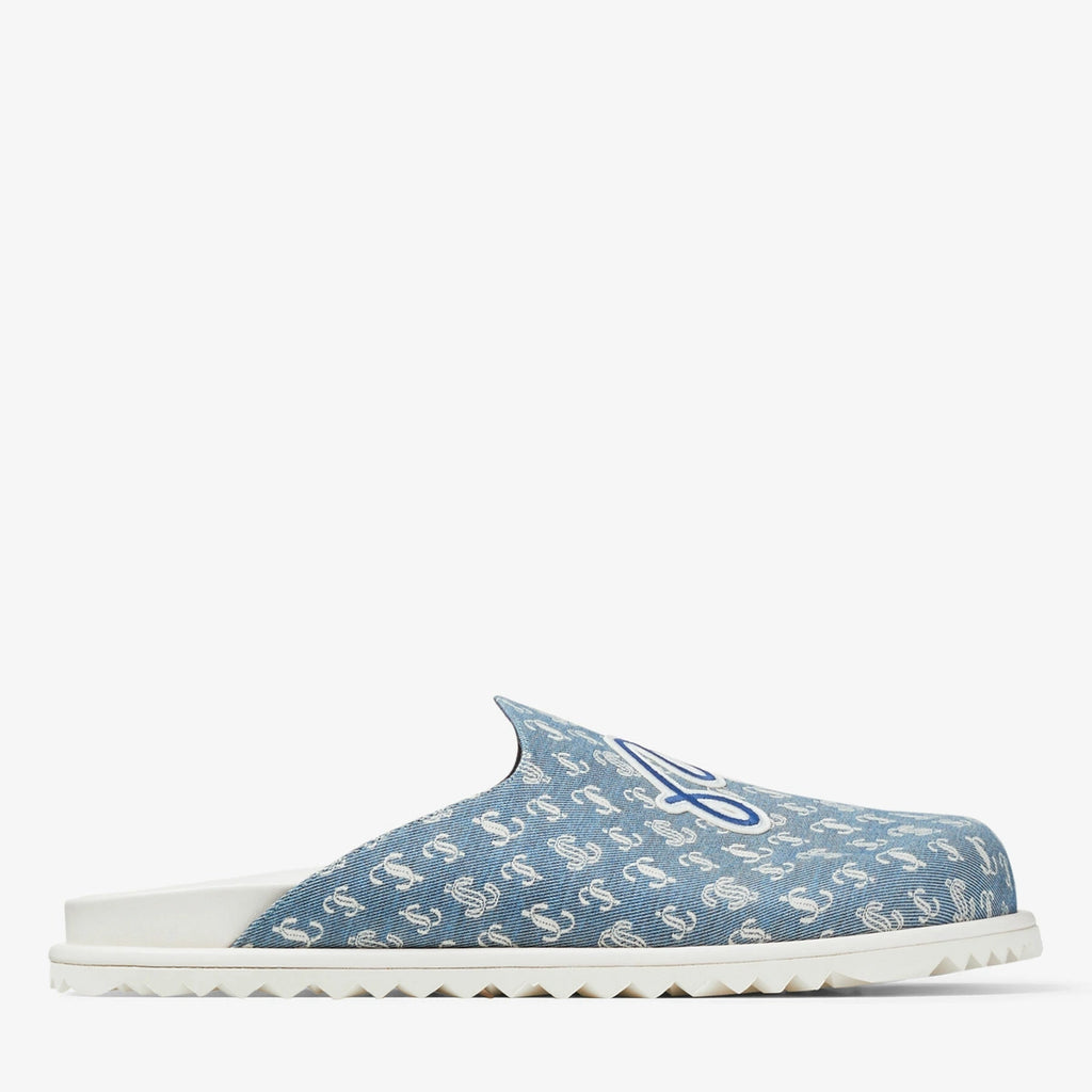 Jimmy Choo Malbon Monogram Mule in denim, men's slip-on shoes with designer monogram pattern, side view image.