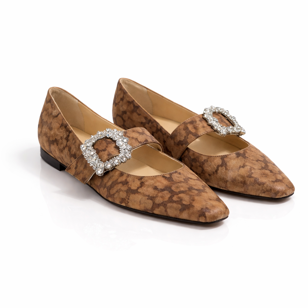 Jimmy Choo Animal-Print Suede Crystal Buckle Mary Jane Flats