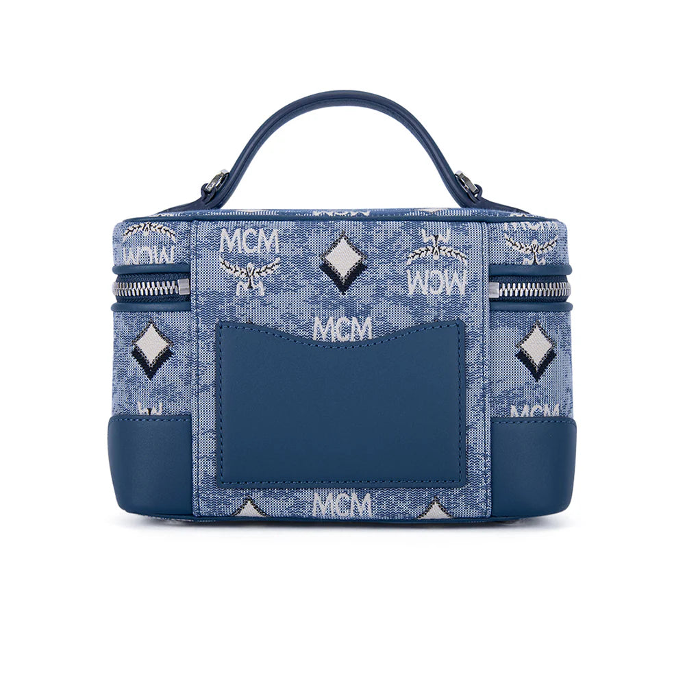 MCM X-Mini Rockstar vanity case in vintage jacquard monogram fabric, stylish women's bag with gold-tone accents and compact design.