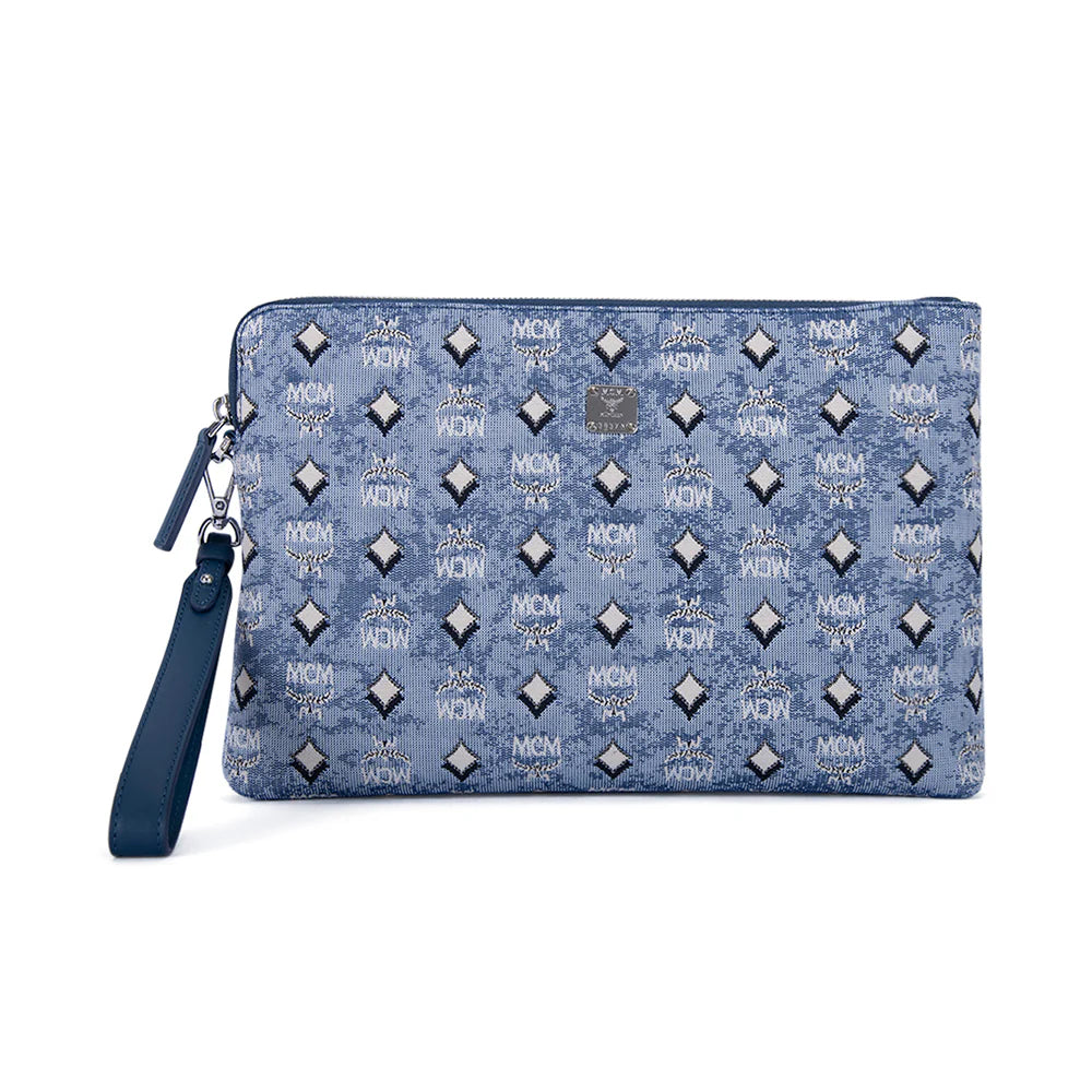 MCM vintage jacquard standing wristlet pouch for women, featuring a stylish design and compact size, ideal for carrying essentials.
