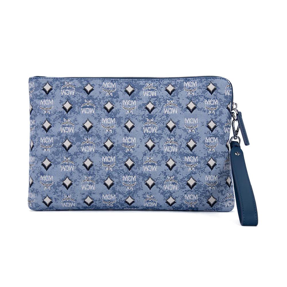 Elegant MCM vintage jacquard standing wristlet pouch for women, featuring intricate design and compact style.