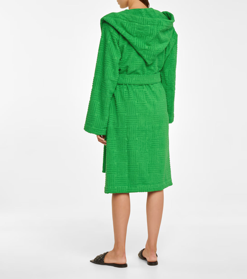 Bottega Veneta Intrecciato cotton-terry hooded robe with textured weave, soft fabric, and a relaxed fit for comfortable loungewear.