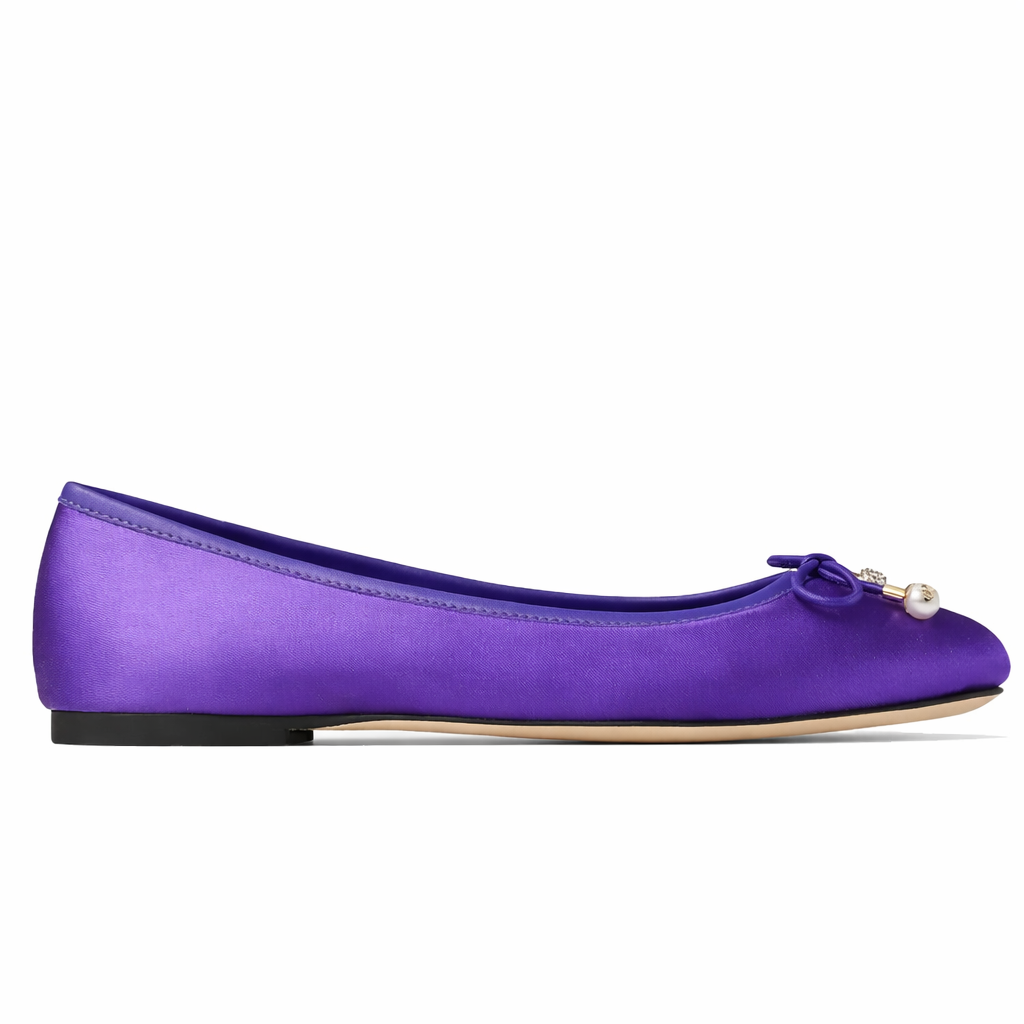 Purple satin Jimmy Choo Elme velvet ballet flats with a bow for women, stylish and elegant pumps.