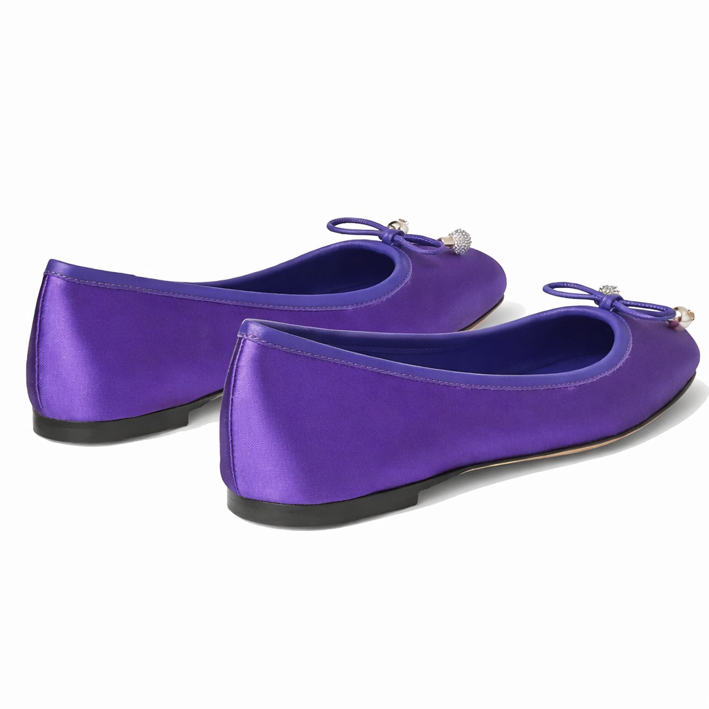 Purple satin Jimmy Choo Elme velvet ballet flats with charms, women's pumps showcasing elegant design and stylish embellishments.