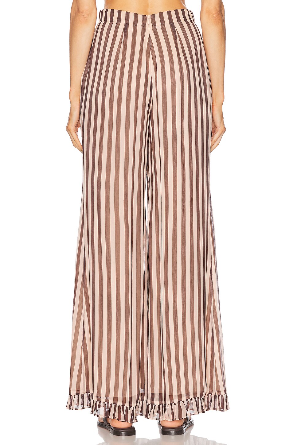 Zimmermann Balance Ruffle Flare Pant for women, showing the stylish ruffle detail and wide-leg silhouette in soft fabric.