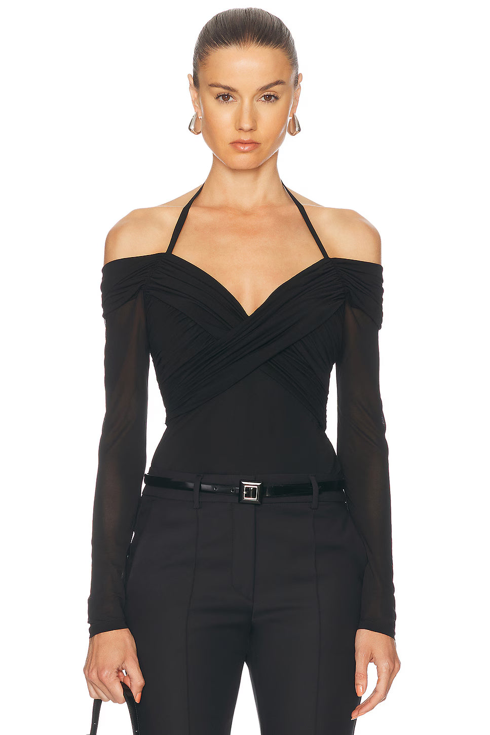 Zimmermann Lluminate draped bodysuit for women, featuring elegant fabric and draped design, displayed on a model.