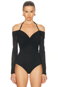 Zimmermann Lluminate Draped Bodysuit for women, featuring elegant draped fabric and sleek design, displayed on a mannequin.