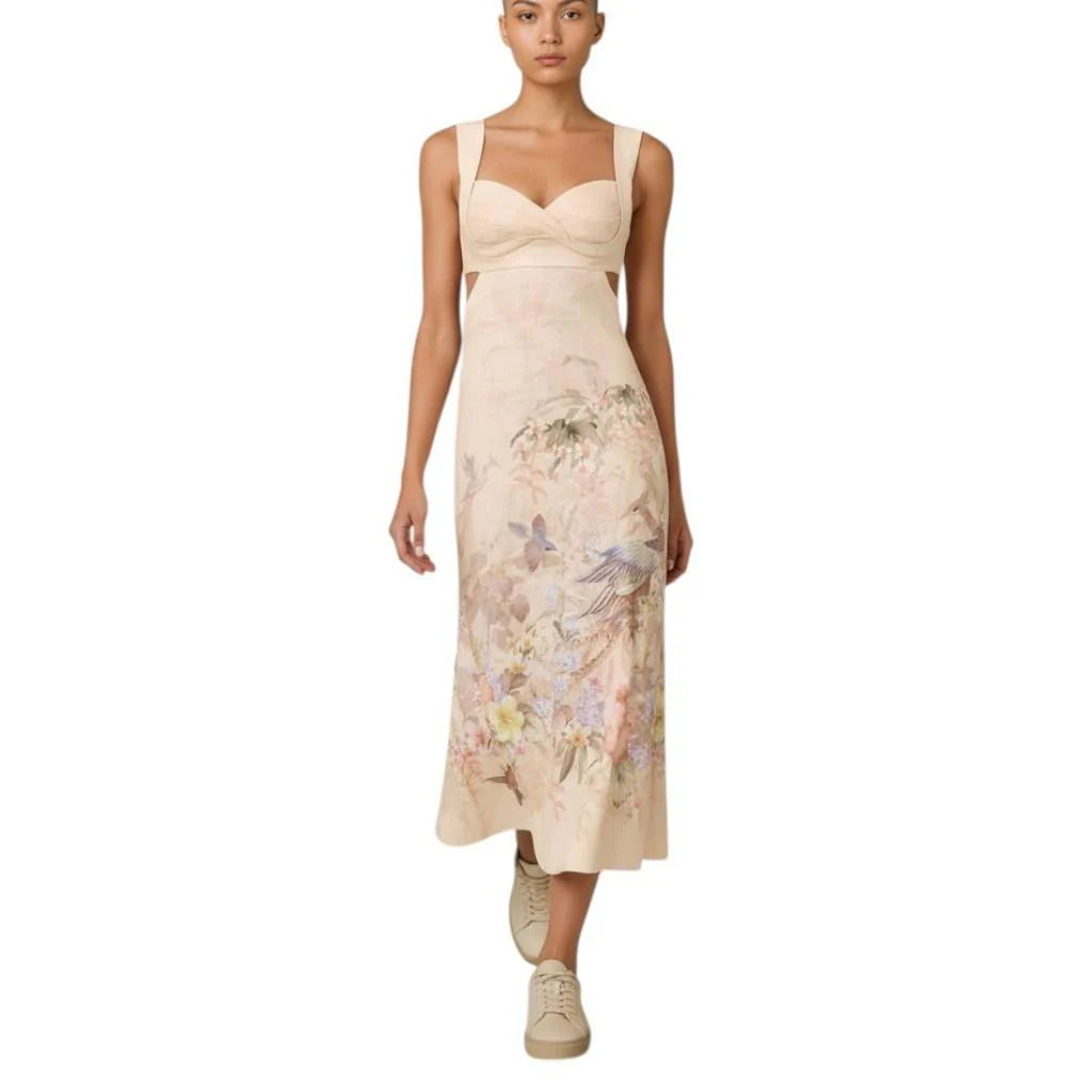 Zimmermann Illuminate Midi Dress in Ivory Tropical for women, flowing fabric with tropical print and elegant design.