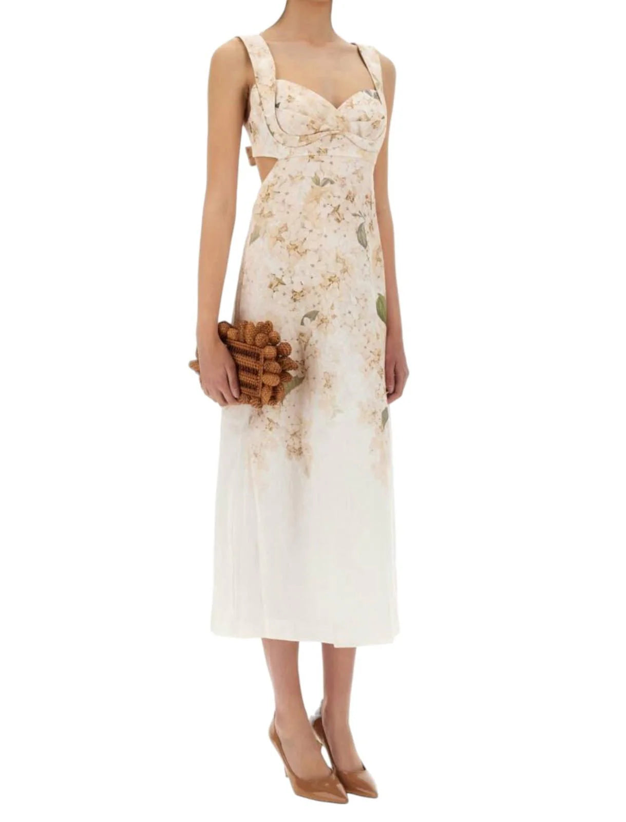 Zimmermann Illuminate Midi Dress in Ivory Tropical for women, featuring a flowy silhouette and tropical print.