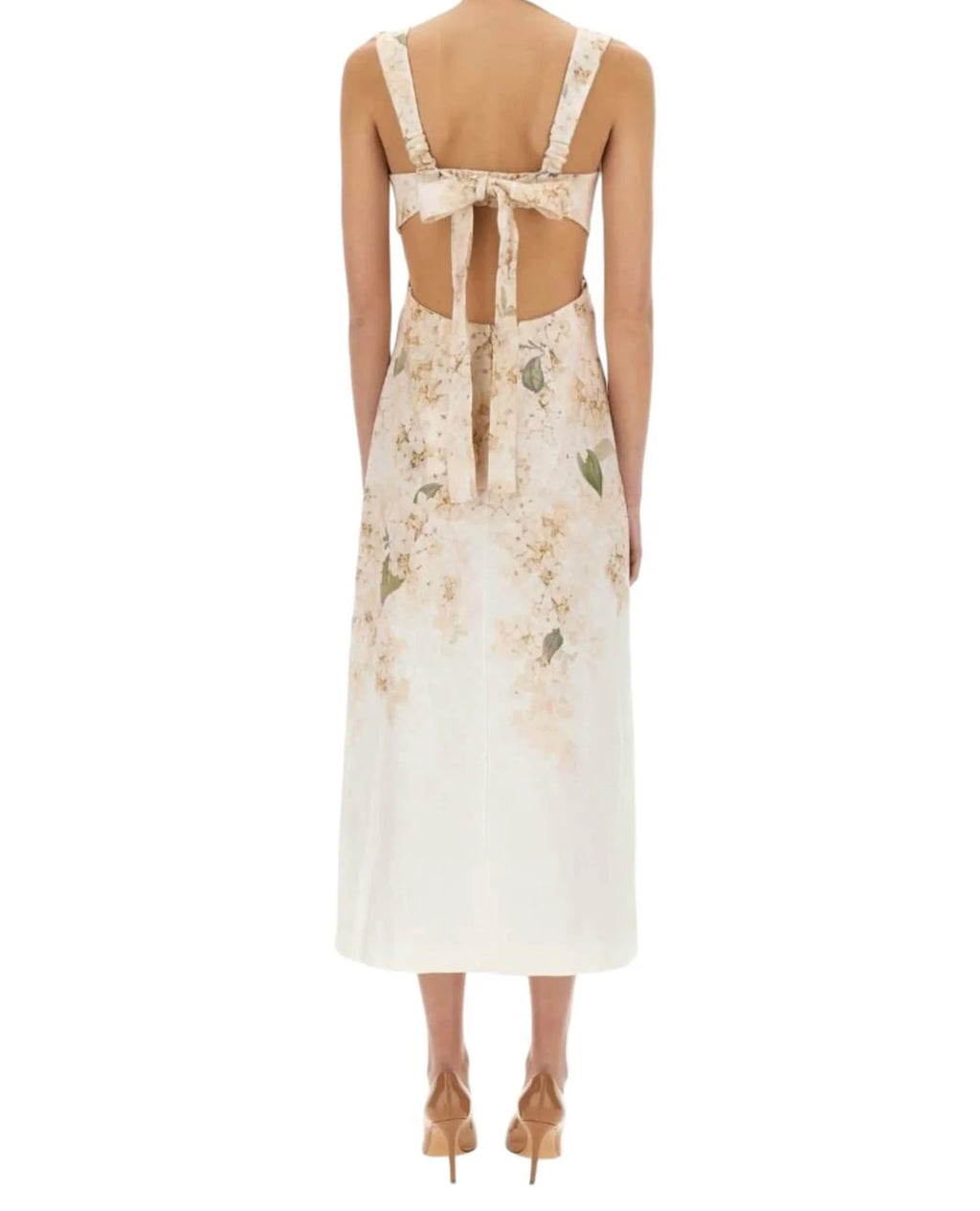 Zimmermann Illuminate Midi Dress in Ivory Tropical, women's summer dress with floral print and flowing fabric.