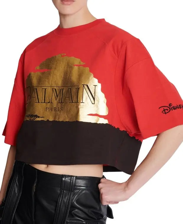 Balmain x Disney Cropped Graphic T-Shirt – Red & Gold