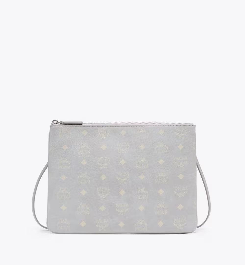 Misty gray Visetos Monogram zip pouch with crossbody leather strap, women’s bag from Shopportunity.