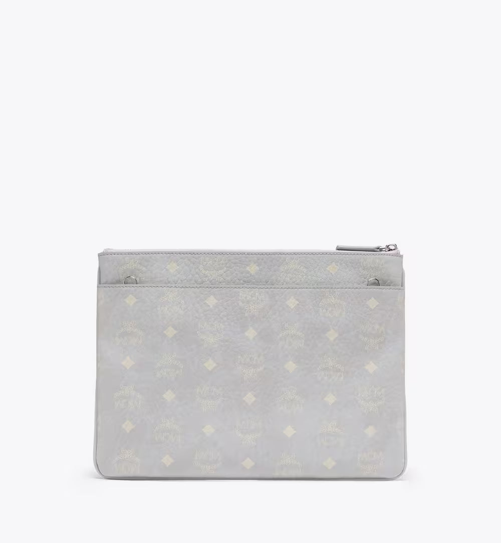 Misty gray Visetos Monogram zip pouch with crossbody leather strap, stylish women's bag by Shopportunity.