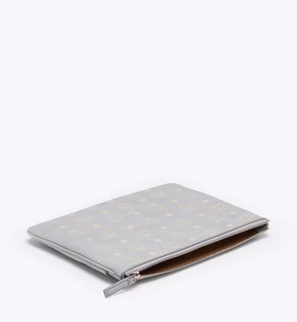 Visetos Monogram zip pouch with crossbody leather strap, gray women's bag by Shopportunity featuring compact design and branded pattern.