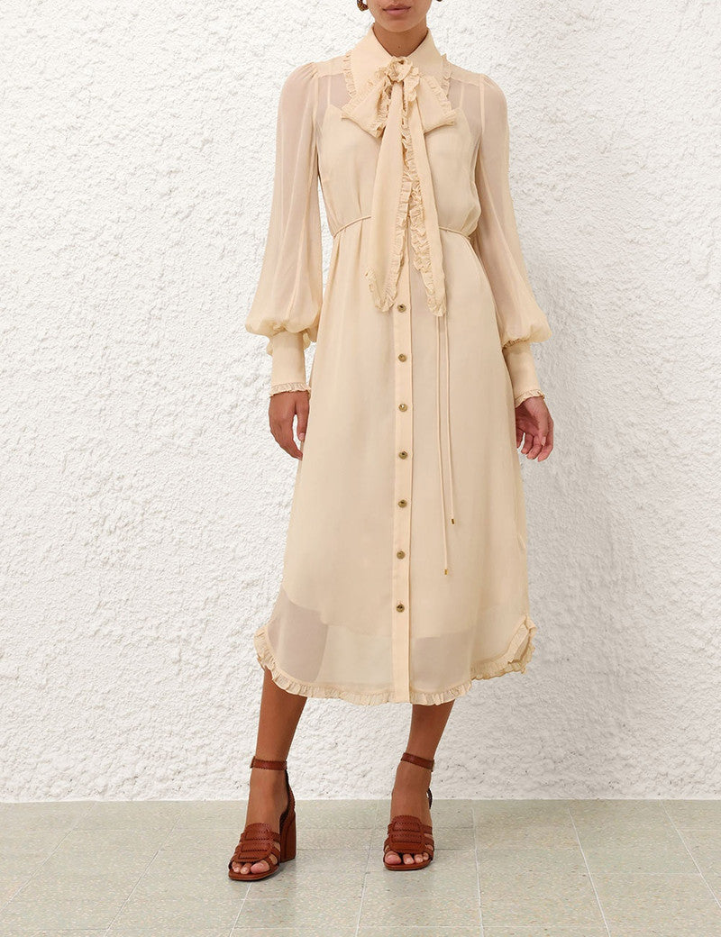 Zimmermann Ruffle Midi Dress for women, featuring flowing fabric and ruffled details, perfect for elegant summer occasions.