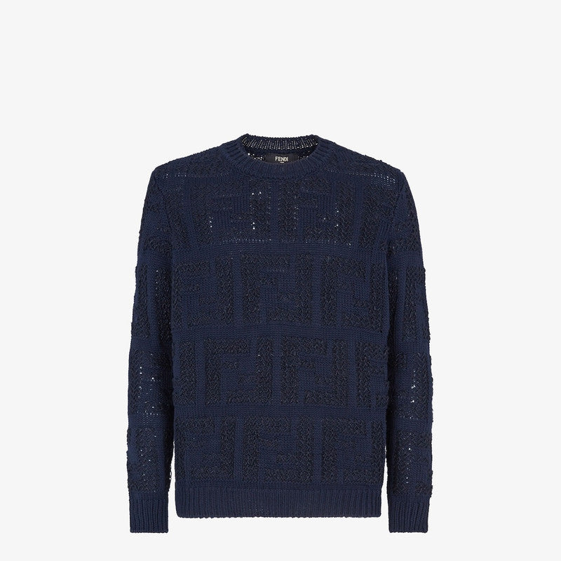 Fendi men's textured sweater with FF logo motif, showcasing detailed knit pattern and classic style in natural light.