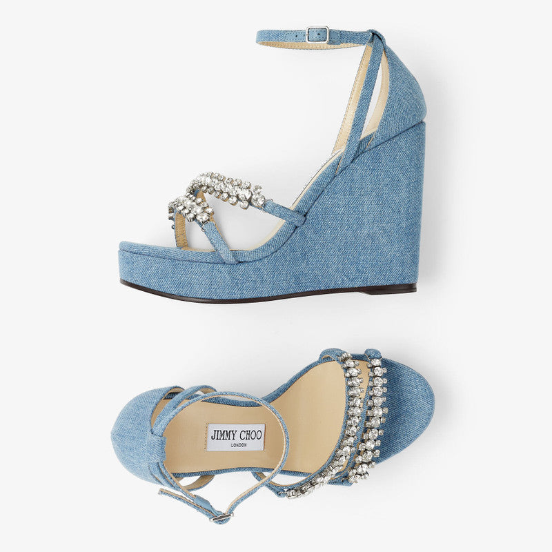 Jimmy Choo Bing Wedge 120 Denim wedges with crystal strap details, showcasing stylish footwear with a high wedge heel and elegant design.