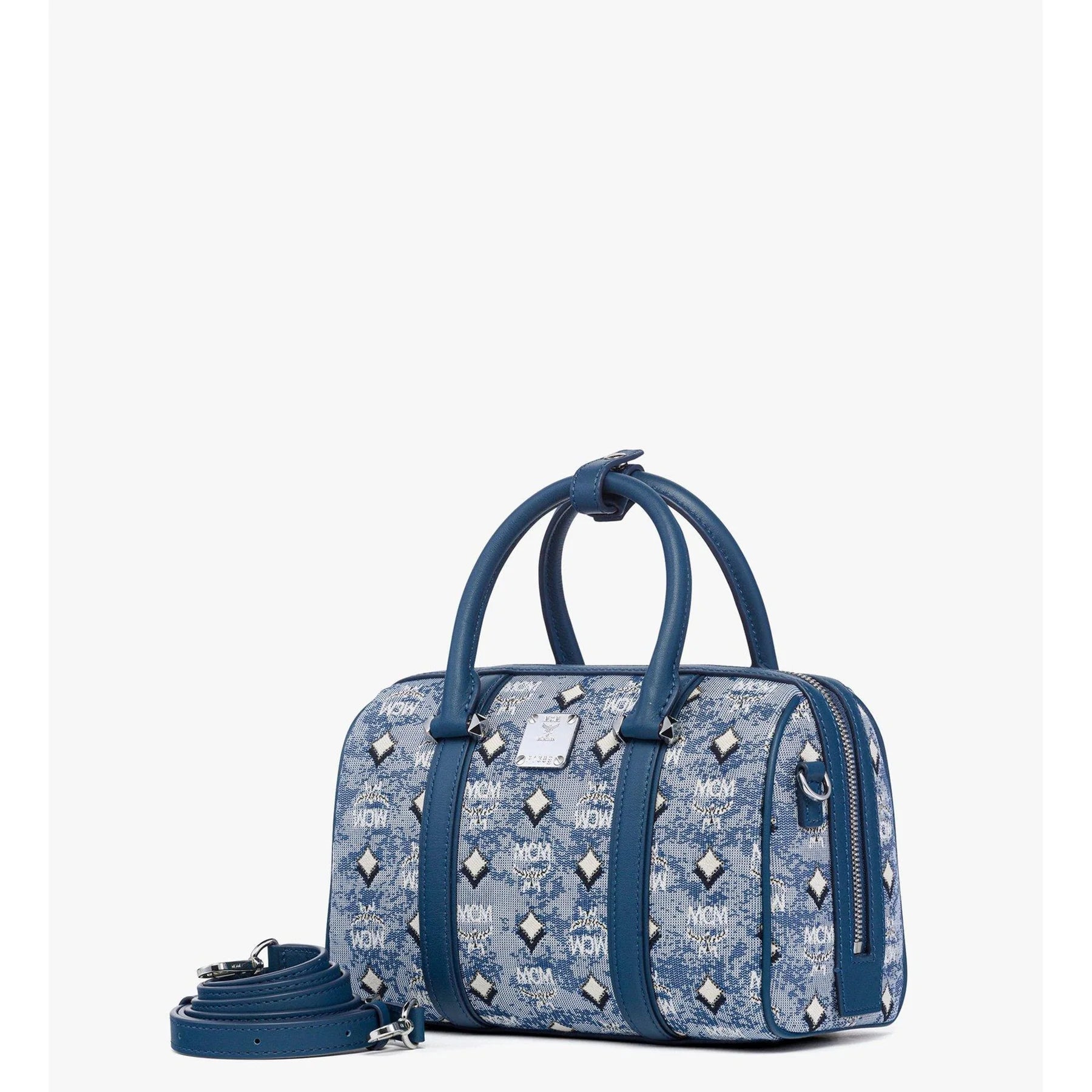 MCM Aren Boston Bag in blue vintage jacquard monogram fabric, women's designer bag with structured shape and leather accents.