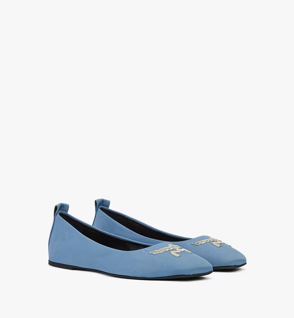 Women’s MCM Ballerina Shoes in ECONYL® Blue, stylish and comfortable flats with a sleek design.