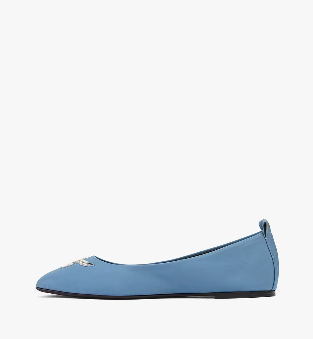 MCM women’s Ballerina shoes in ECONYL® blue with a sleek, rounded toe and minimalist design, size 38.