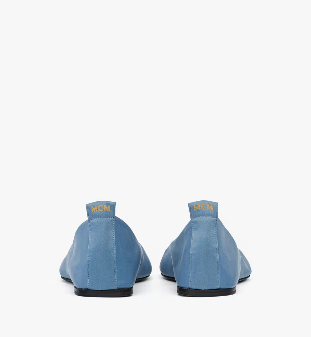 Women MCM Ballerina Shoes in ECONYL® Blue, showcasing sleek design and vibrant blue color with a comfortable fit.