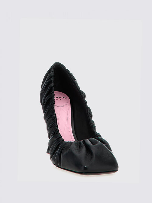 Balmain Ruched Leather Pointed-Toe Pumps – Black