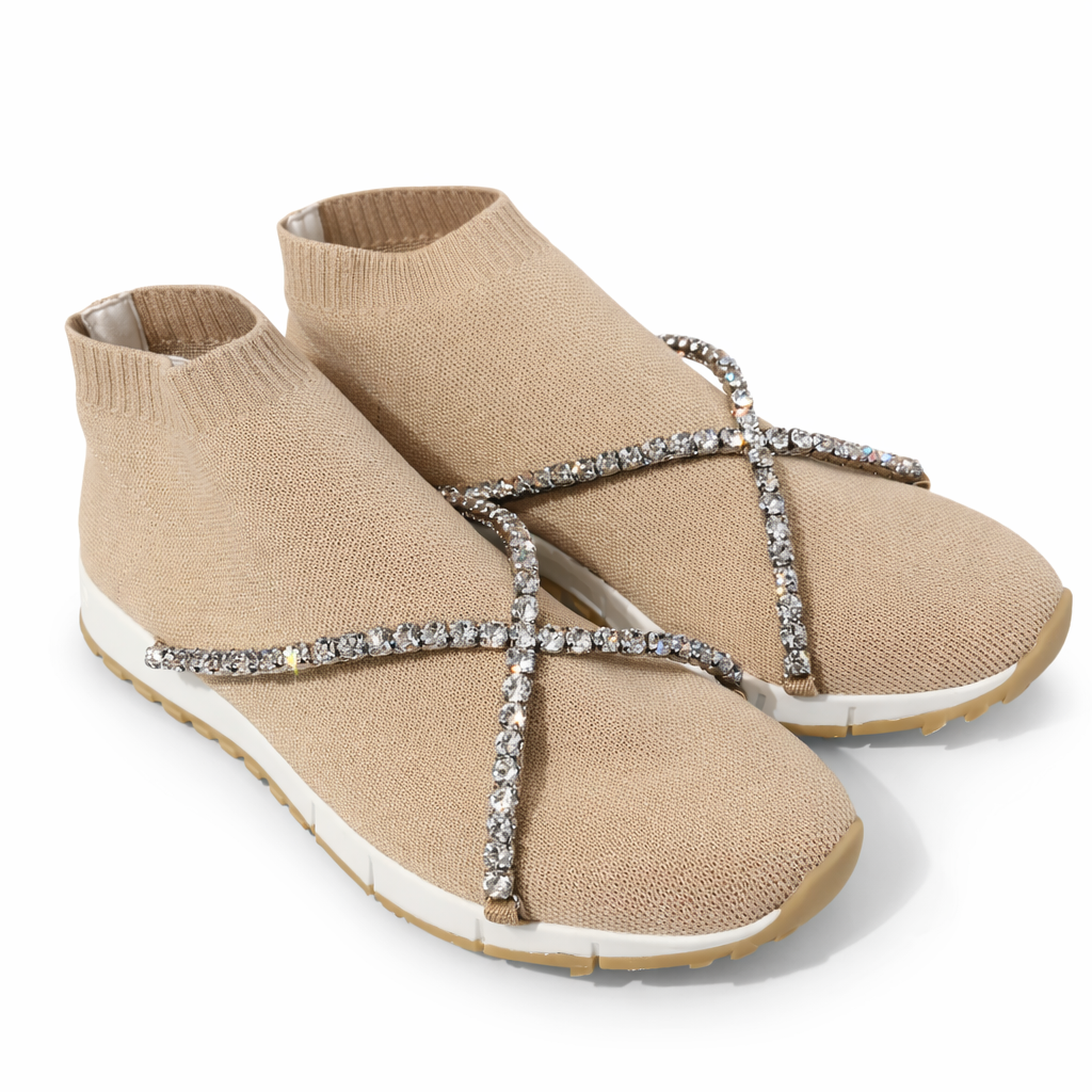 Beige Jimmy Choo crystal-embellished knit sock sneaker for women, showcasing a stylish and luxurious sneaker design.