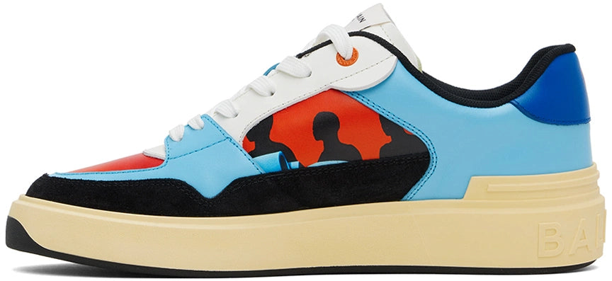 Balmain Blue & Red Calfskin B-Court Flip Prince Gyasi Print Sneakers