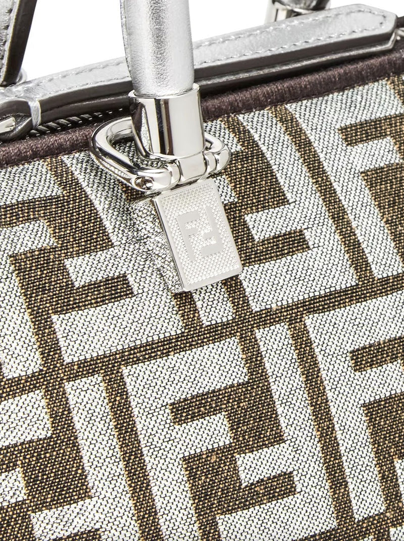 Fendi By The Way Mini Boston Bag for women, stylish designer bag with compact shape and top handle, black leather with gold hardware.