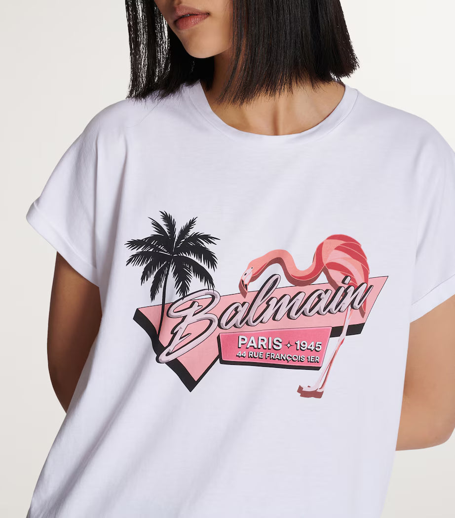 Balmain Paris 1945 Flamingo Graphic T-Shirt – White