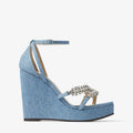 Jimmy Choo Bing Wedge 120 denim wedges with crystal strap details, showcasing stylish footwear with a woven wedge heel and elegant design.