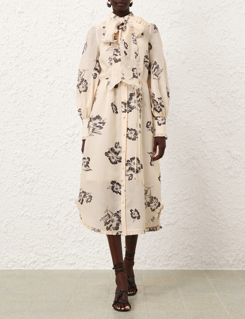 Zimmermann printed ruffle midi dress for women, featuring vibrant patterns and feminine ruffle details.