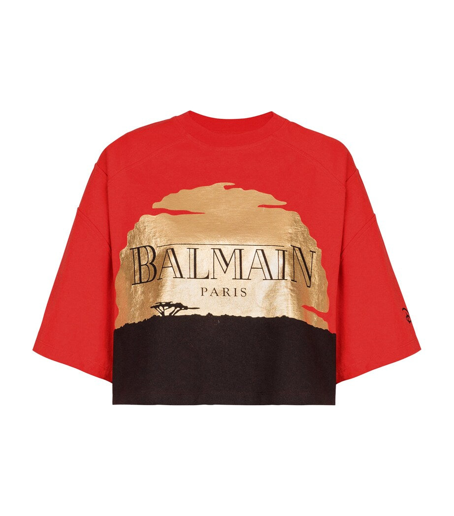 Balmain x Disney Cropped Graphic T-Shirt – Red & Gold
