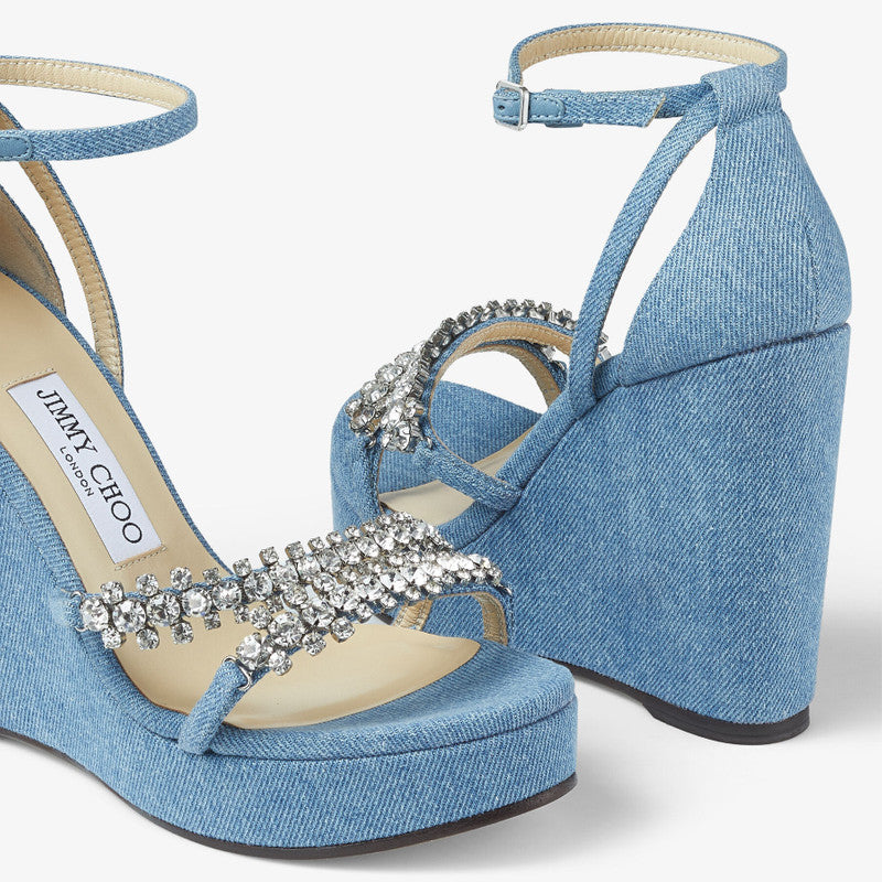 Jimmy Choo Bing Wedge 120 denim wedges with crystal strap detail, showcasing the stylish design and textured fabric.