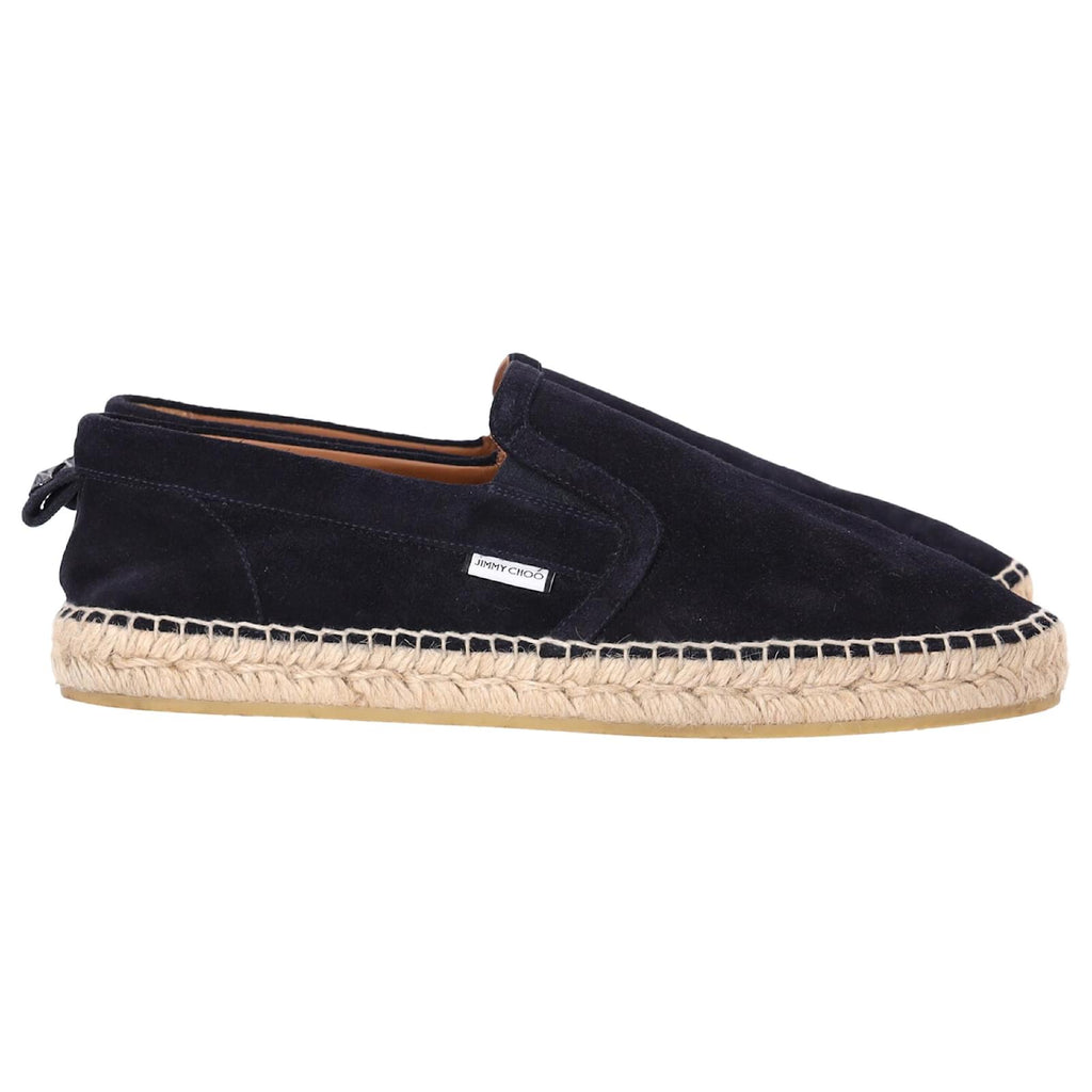 Men's Jimmy Choo suede espadrille slip-ons with navy blue suede, casual derby-style shoes for men.