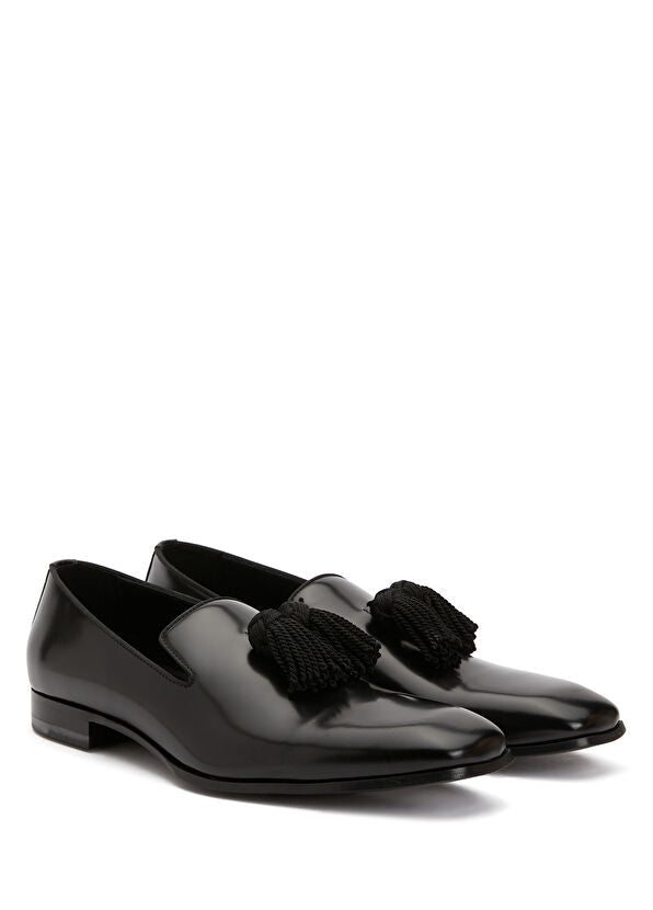 Jimmy Choo men's Foxley patent leather loafers with crystal tassels, stylish men’s shoes featuring shiny finish and elegant design.