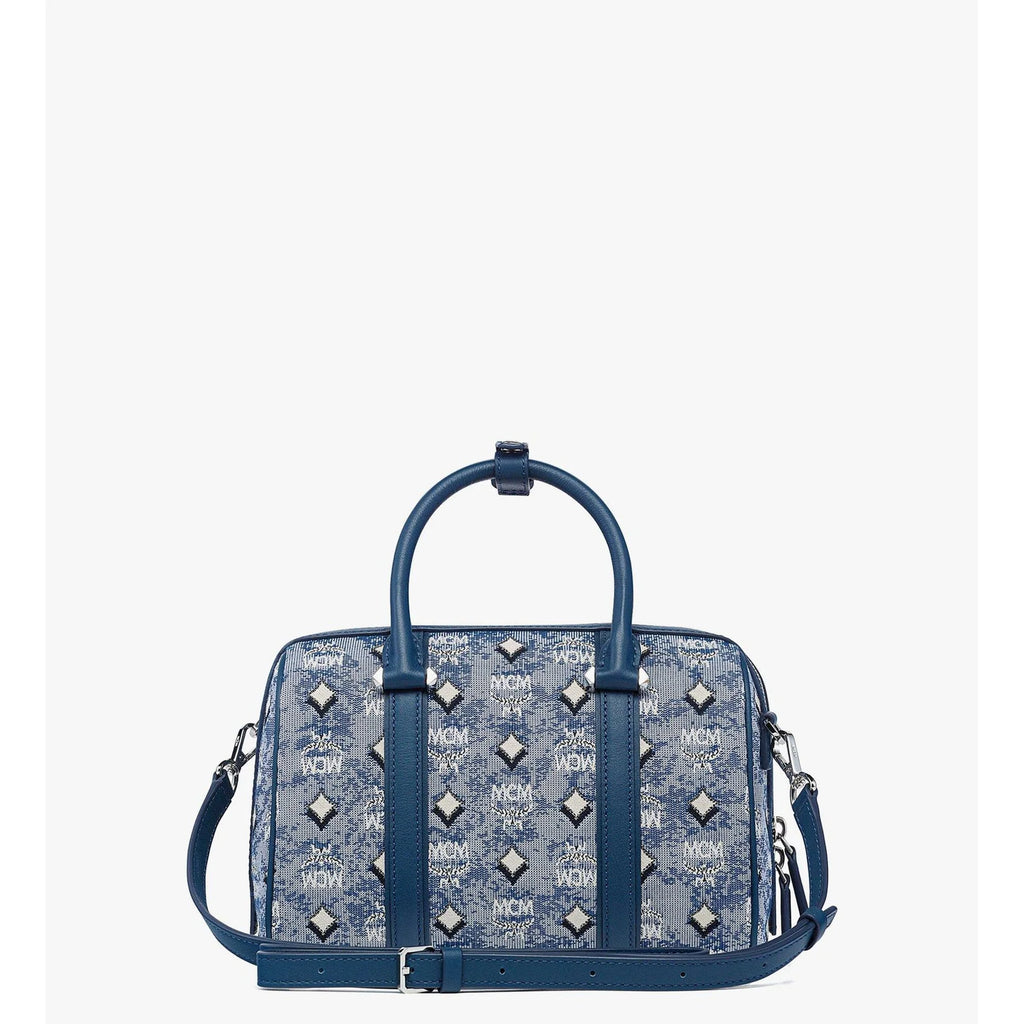 MCM Aren Boston Bag in blue vintage jacquard monogram fabric, women's designer bag with structured shape and top handles.