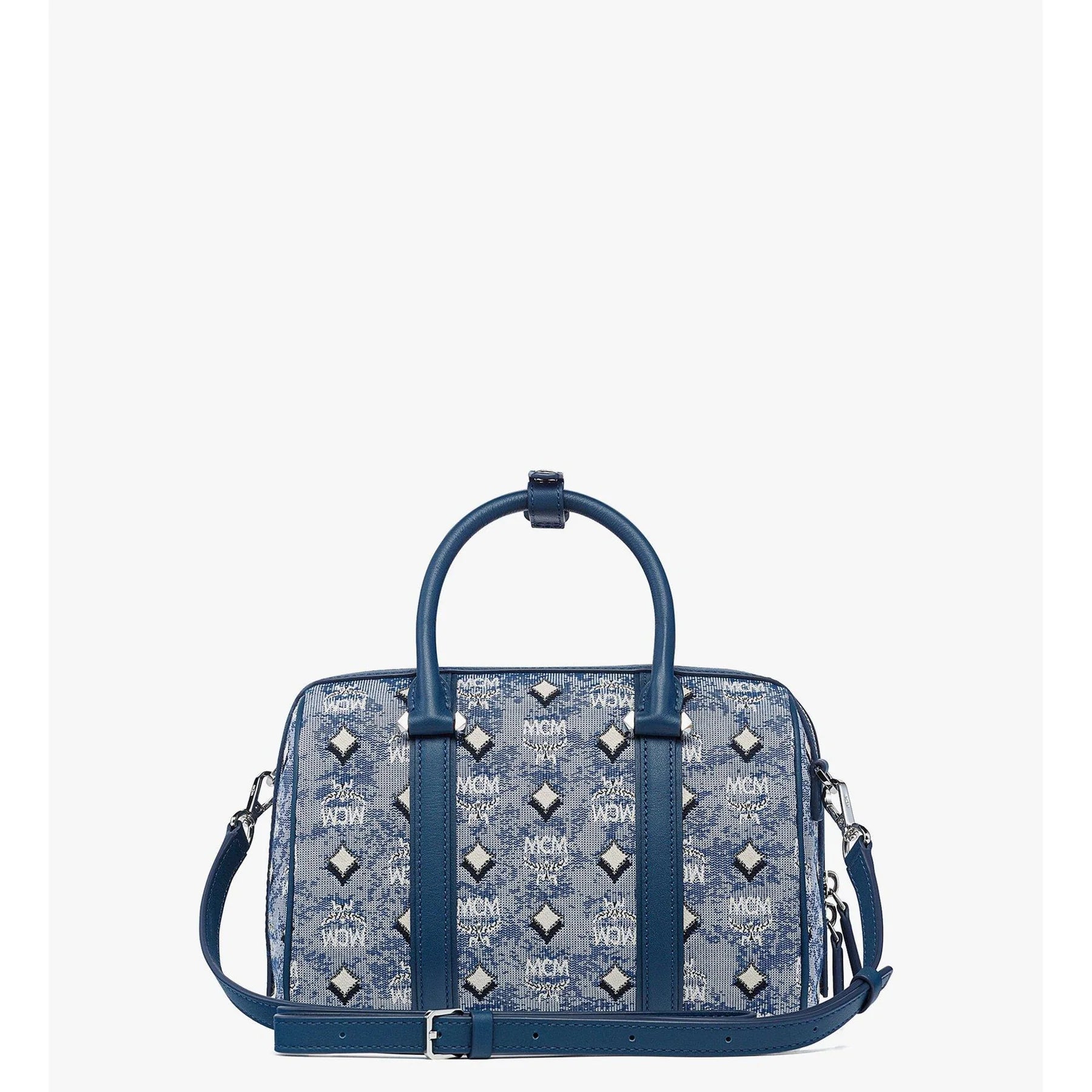 MCM Aren Boston Bag in blue vintage jacquard monogram fabric, women's designer bag with structured shape and top handles.