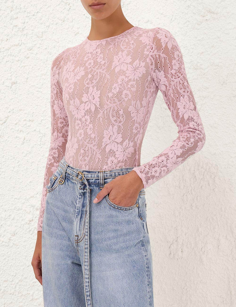 Zimmermann lace body suit for women, featuring intricate lace details and a fitted design, perfect for stylish evening wear.