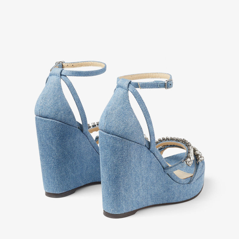 Jimmy Choo Bing Wedge 120 denim wedges with crystal strap accents, showcasing stylish footwear with a comfortable wedge heel.