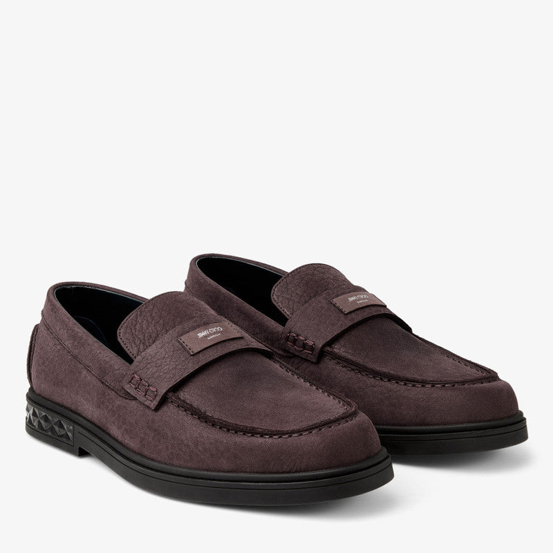 Jimmy Choo men’s Josh driver loafers in oxblood embossed nubuck leather, stylish men's loafers with sleek design.