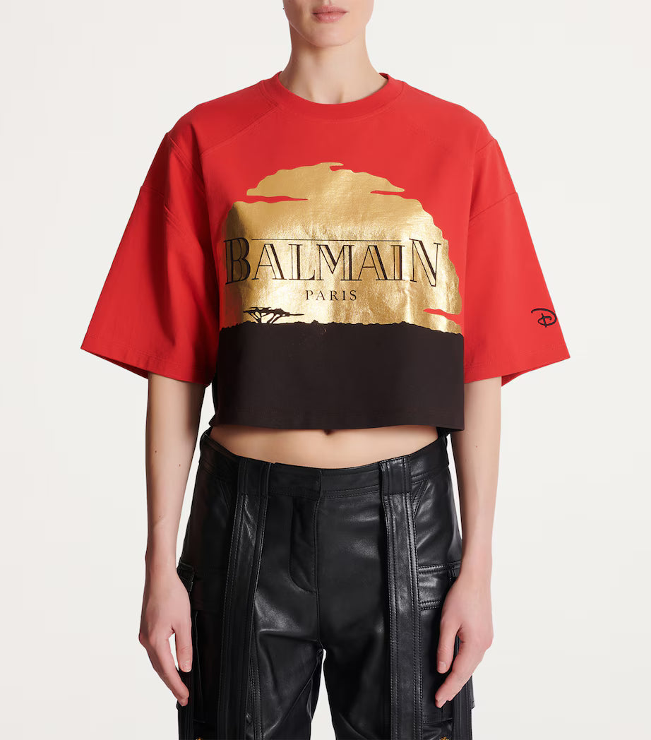 Balmain x Disney Cropped Graphic T-Shirt – Red & Gold