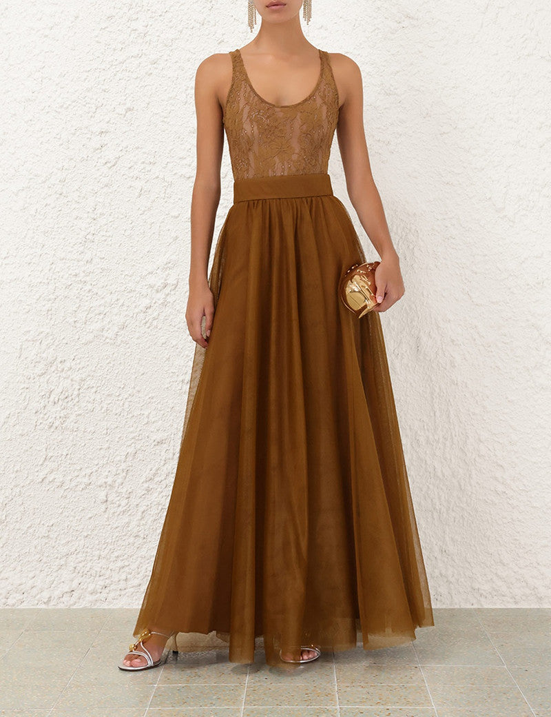 Zimmermann tulle skirt for women, showcasing a flowy, layered design with delicate fabric and intricate detailing.