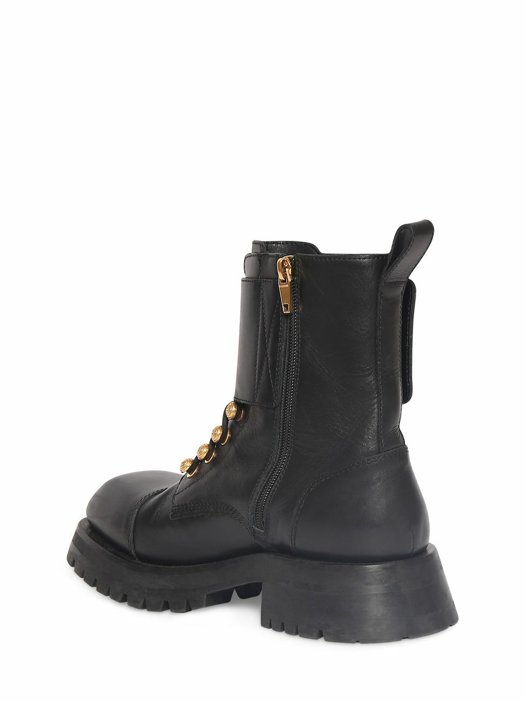Women’s Balmain military button leather combat boots with sturdy soles and stylish design, perfect for edgy fashion looks.