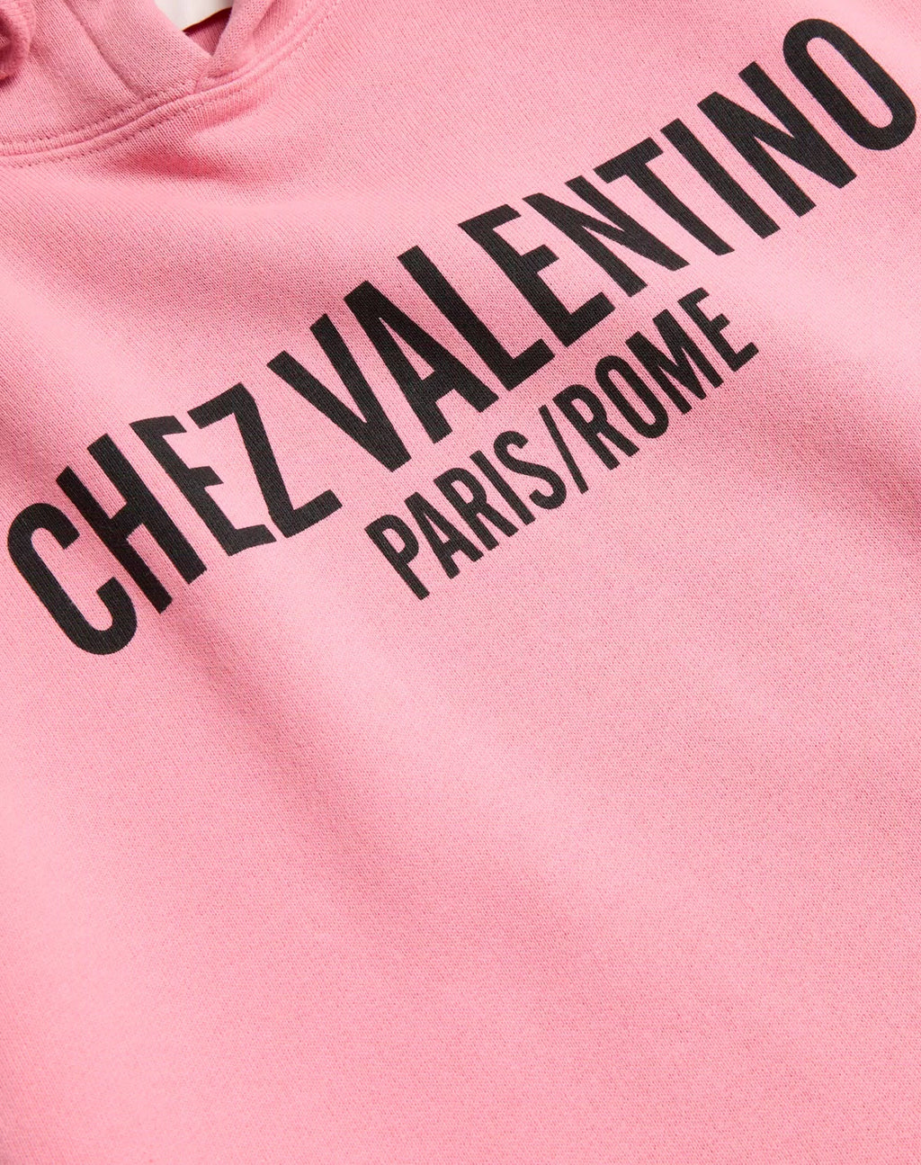 Valentino women's cotton sweatshirt with hood and Chez Valentino print, casual apparel featuring stylish design and comfortable fit.