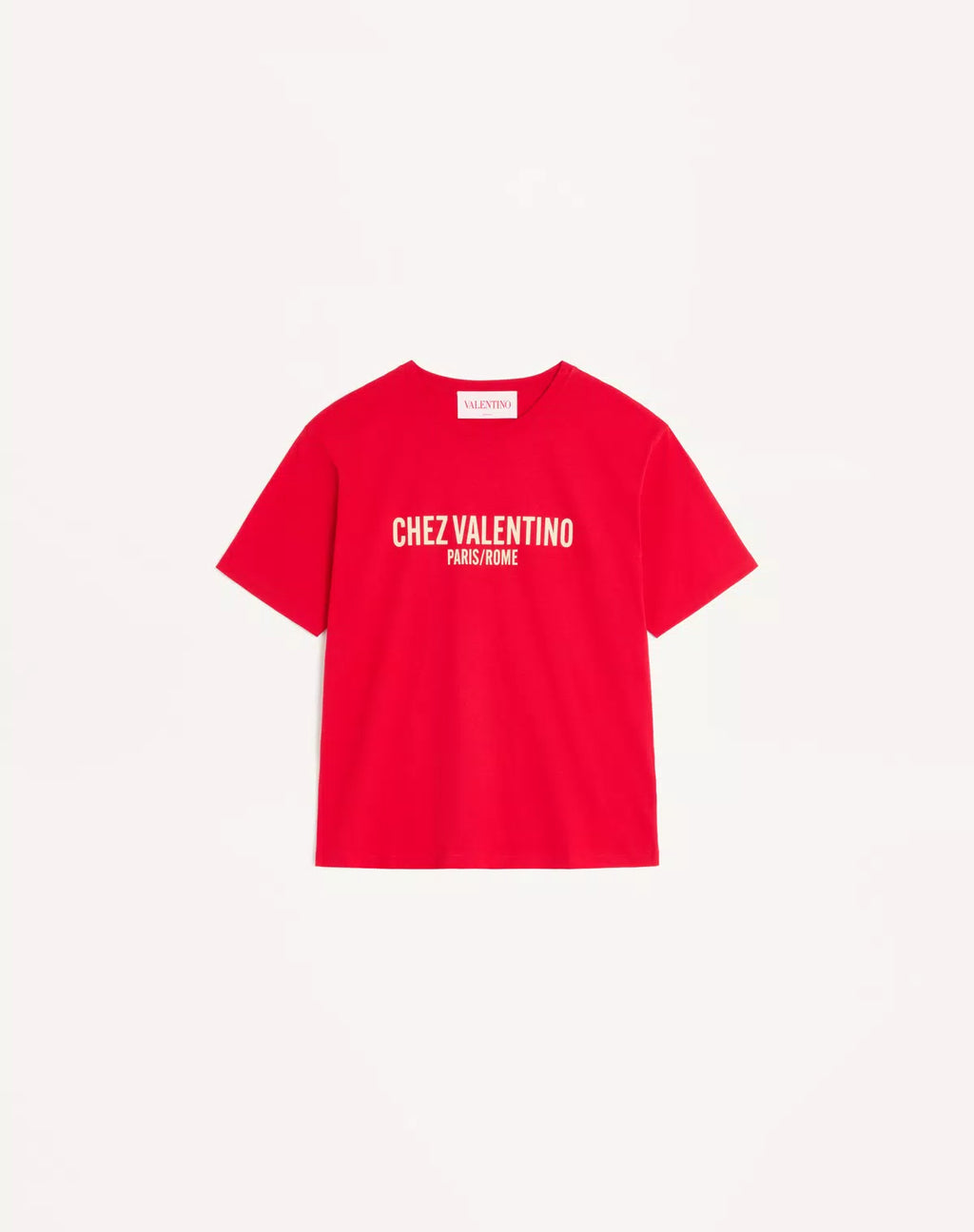 Valentino women's jersey cotton T-shirt with Chez Valentino print, casual fit, white fabric, stylish graphic design.